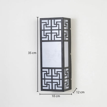 Modern outdoor wall light in black metal with frosted glass showing 35 cm height 10 cm width and 12 cm depth for exterior walls.