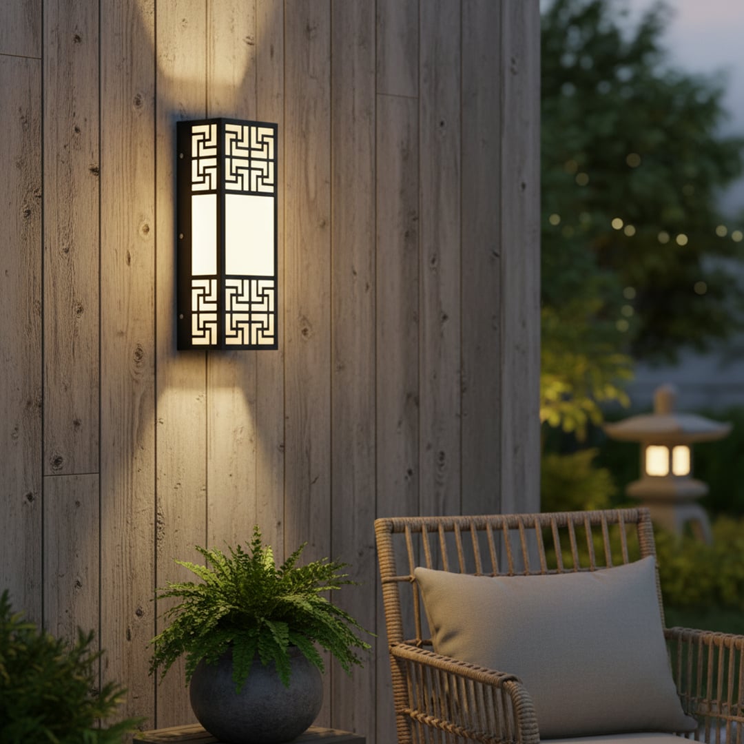 Modern black wall light with geometric design and frosted glass illuminating home exterior for elegant wall decor.