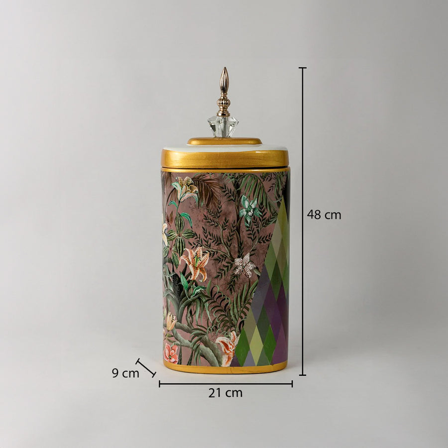 Floral ceramic decorative storage jar with gold lid showing product dimensions for modern tabletop home decor.