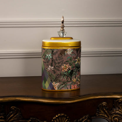 Botanical Bloom floral jar photographed on white background showing gold bordered edges and botanical leaf details.
