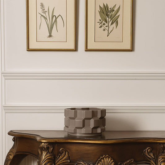 Textured ceramic planter with geometric pattern styled in a minimal setting giving a modern look for home decor scenes.