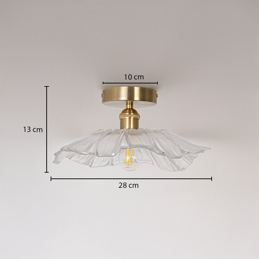 Ceiling light with brushed gold base and flower glass shade shown with size dimensions 13 cm height 28 cm width and 10 cm base.