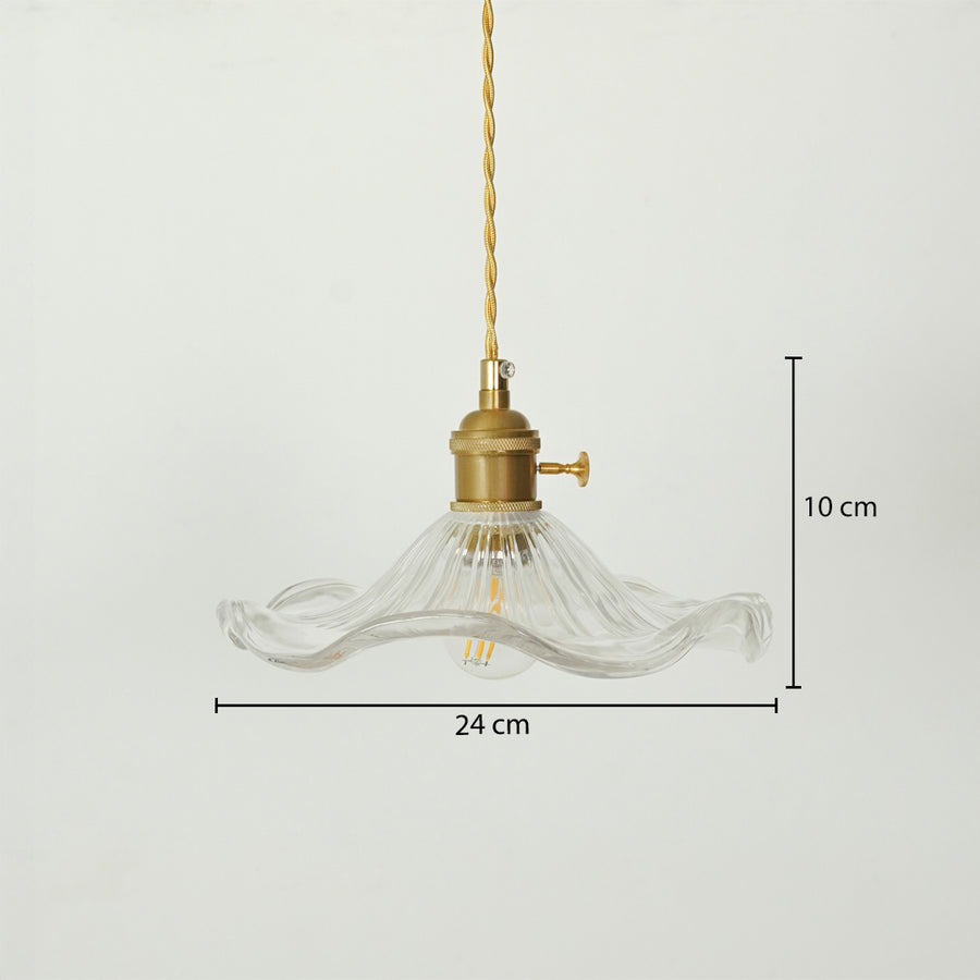 A clear ribbed glass pendant light with a brass fitting and gold-toned cord, shown against a light gray background with dimension markers indicating 24 cm width and 10 cm height.