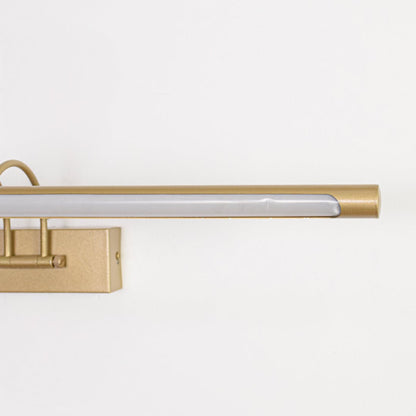 Closeup of gold metal wall mounted picture light showcasing smooth finish sturdy base plate and elegant linear arm.