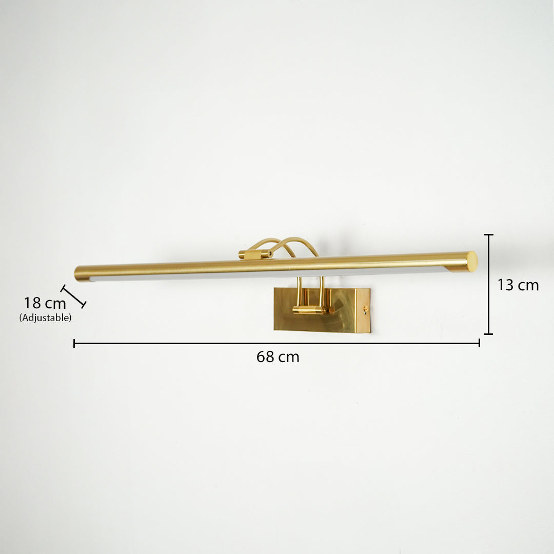 Gold metal picture light measuring 68 cm wide and 18 cm high designed for artwork mirror and wall display lighting.