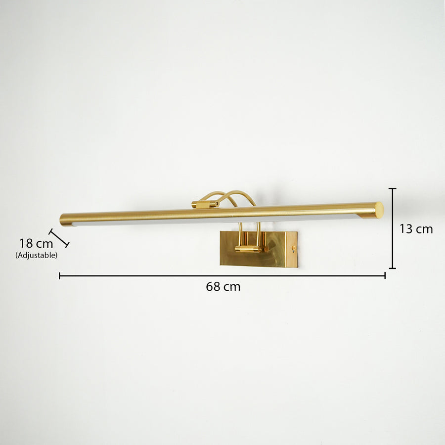Gold metal picture light measuring 68 cm wide and 18 cm high designed for artwork mirror and wall display lighting.