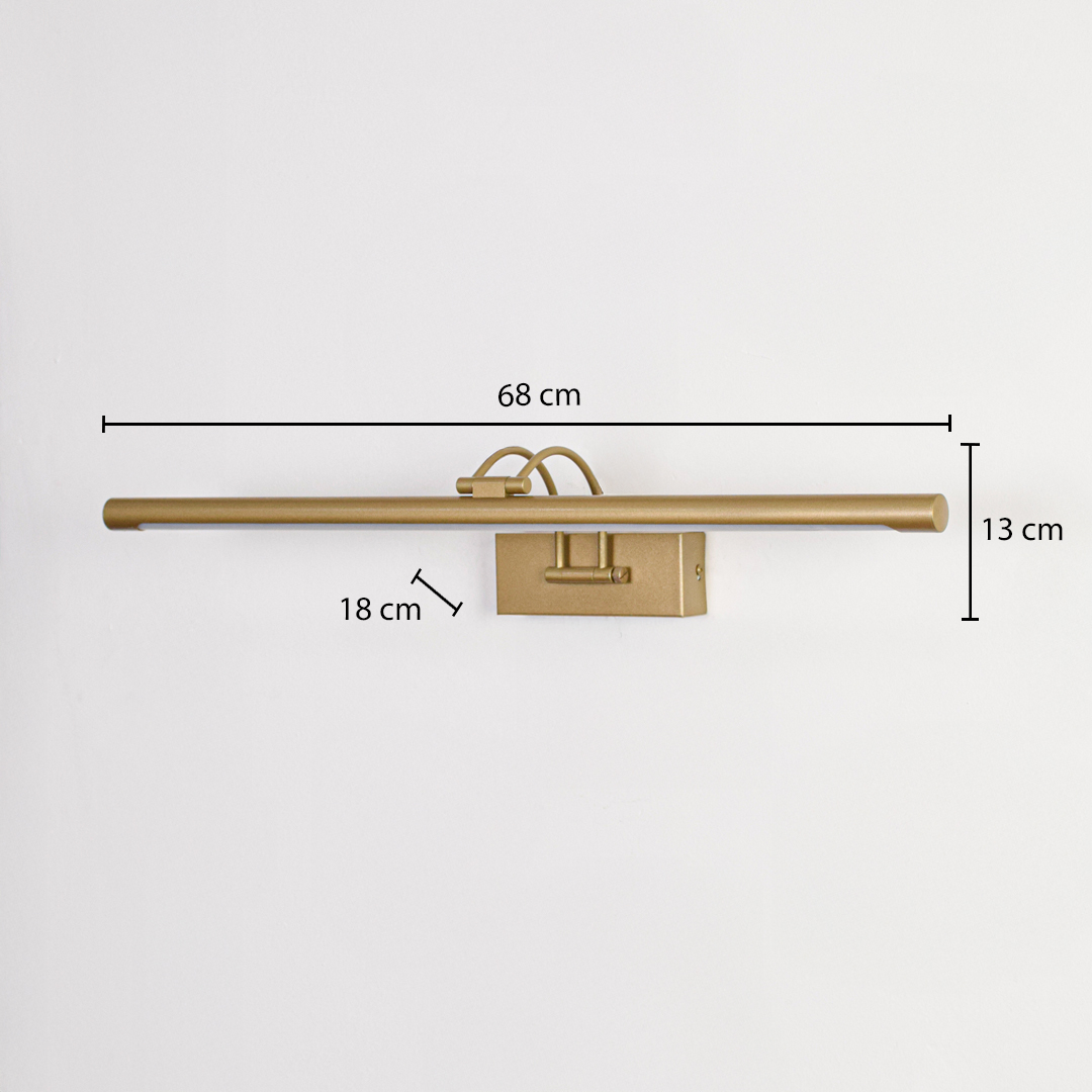 Gold metal picture light with 68 cm width 13 cm height and 18 cm projection for precise wall artwork installation.