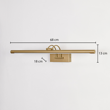 Gold metal picture light with 68 cm width 13 cm height and 18 cm projection for precise wall artwork installation.