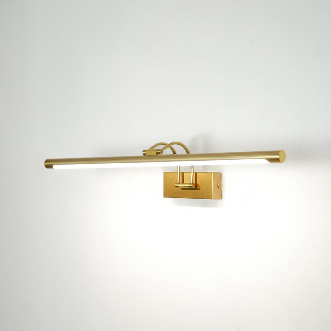 Gold metal picture light with sleek linear design for illuminating artwork mirrors and decorative wall displays.