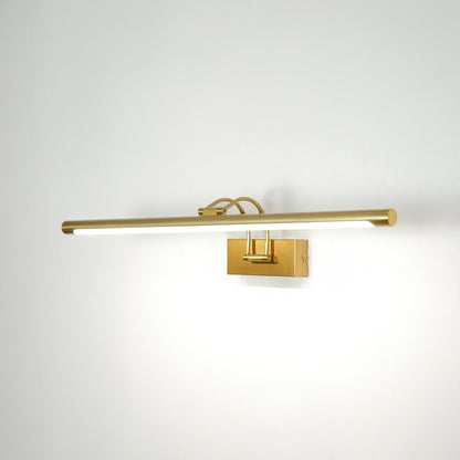 Gold metal picture light with sleek linear design for illuminating artwork mirrors and decorative wall displays.