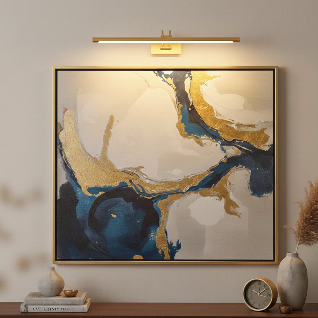 Modern gold metal picture light mounted above artwork enhancing living room wall decor with sleek linear lighting design.