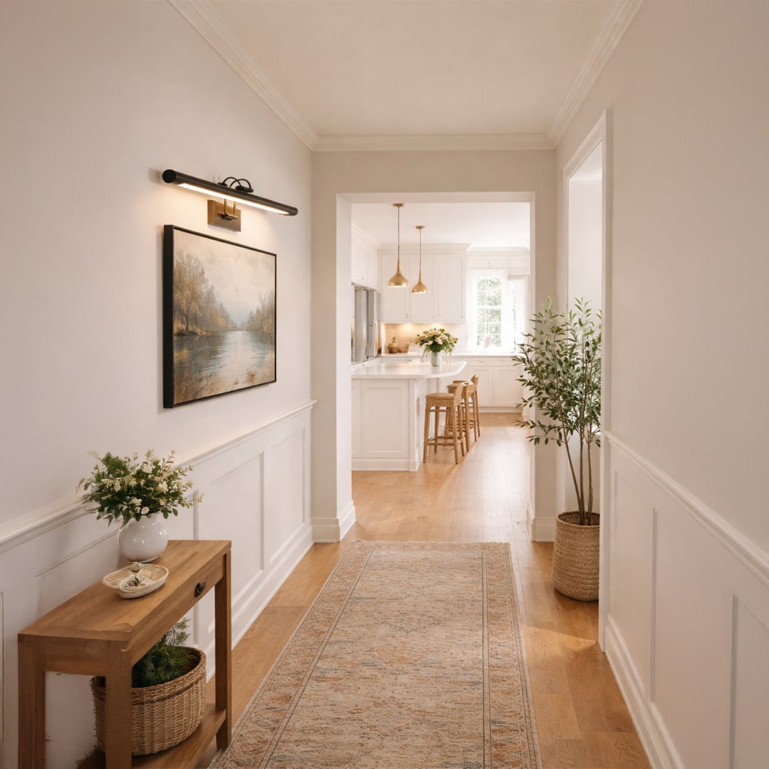 Gold metal picture light highlighting framed artwork along hallway wall creating refined ambient lighting and visual appeal.