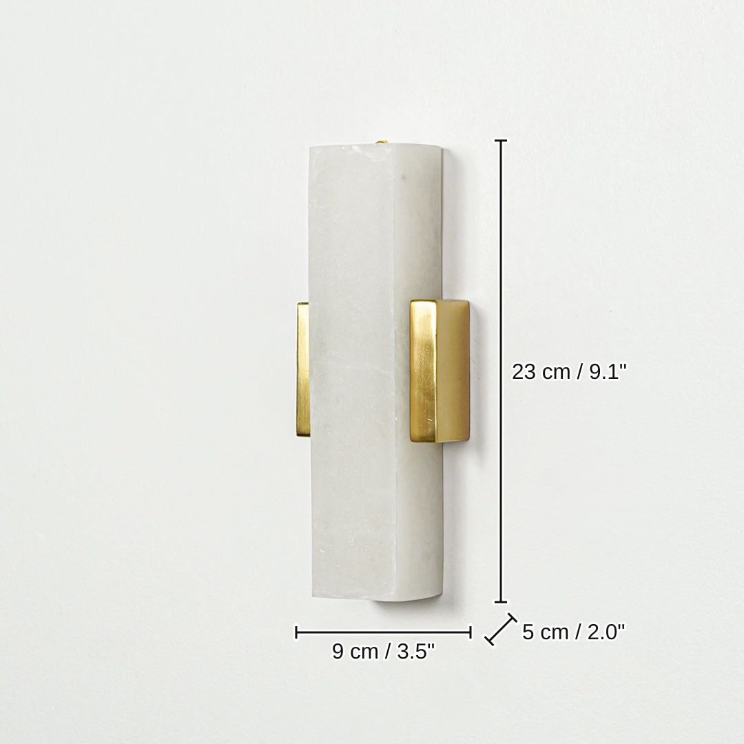 Gold wall light with vertical frosted glass tube, 23 x 9 x 5 cm (9.1 x 3.5 x 2.0 inches) dimensions