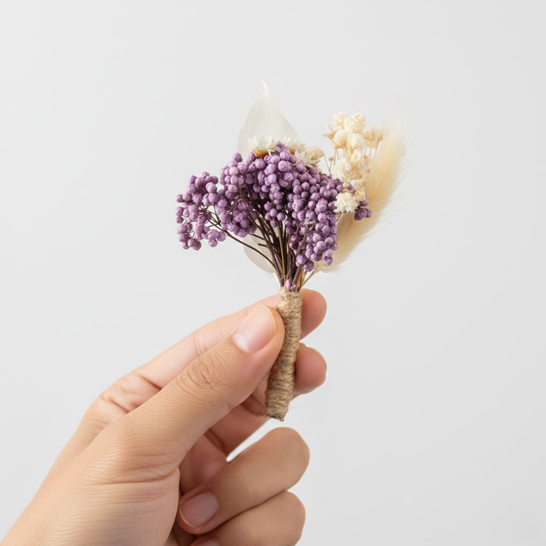 Mini dried flower bouquet with purple yellow and cream tones hand tied stem ideal for vase decor gifting and craft styling.