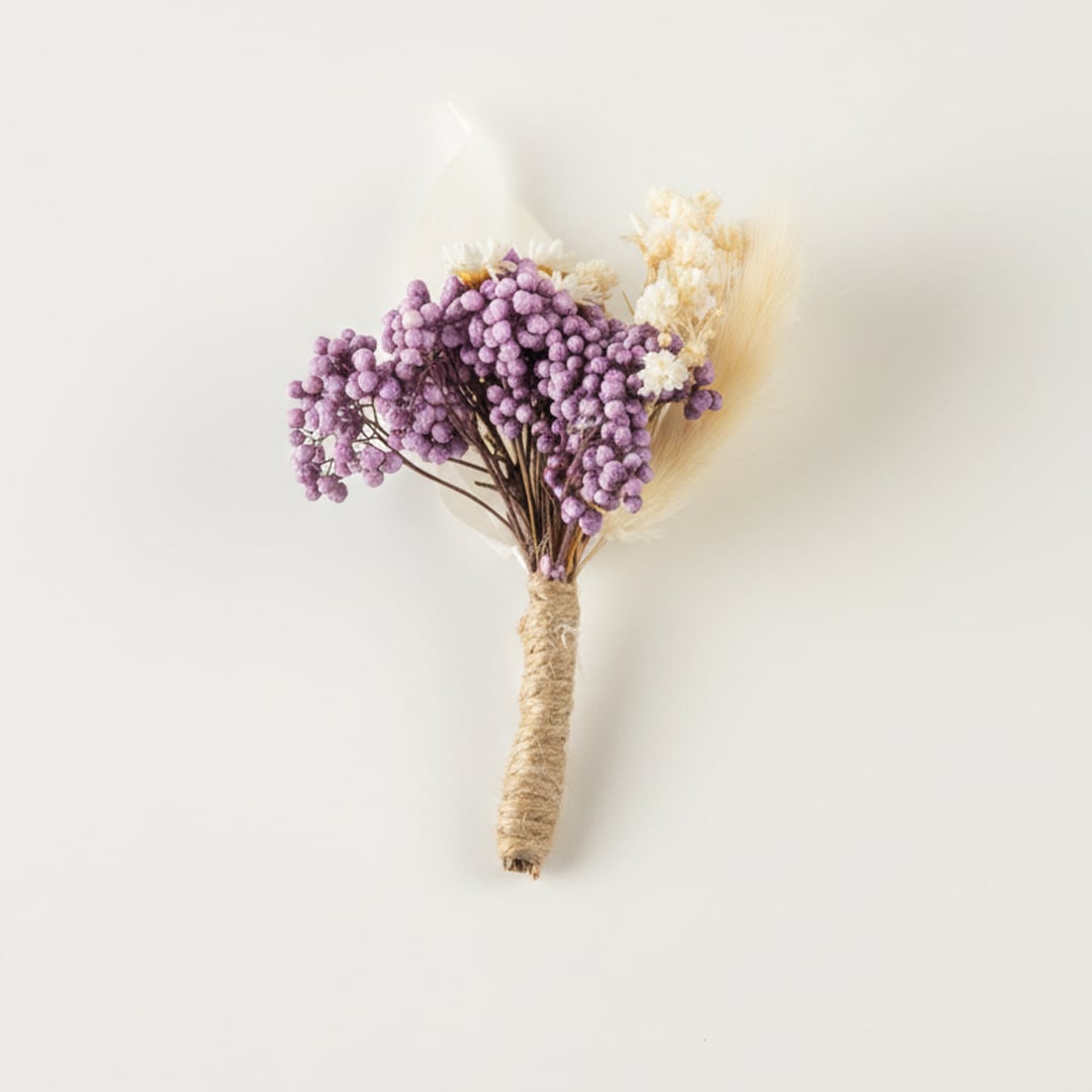 Dried floral stem bouquet with lavender buds soft beige pampas and white accents on white background highlighting delicate texture natural decor elegance.