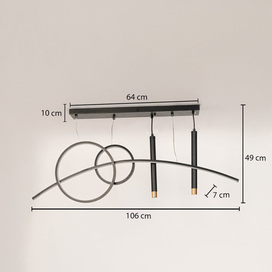 Pendant light with glowing rings and black frame shown with dimensions 106cm width and 49cm height for ceiling decor.