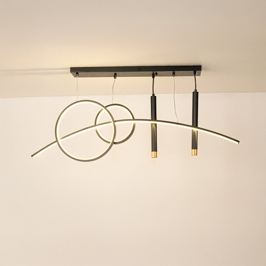 Black and gold metal geometric chandelier with circular ring accents designed for elegant modern ceiling lighting interiors.