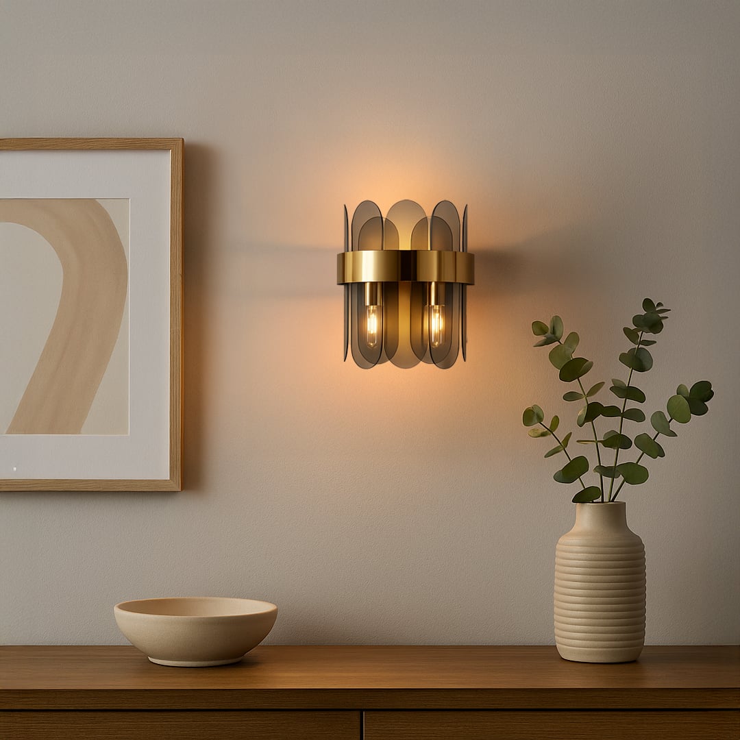A modern metal and smoked glass wall light glowing warmly in a stylish living room setting ideal for hallway or bedroom ambient lighting.