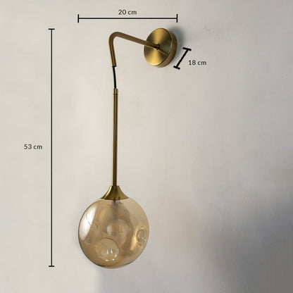Gold glass wall light with 53 cm height and 20 cm width shown with dimensions for elegant modern interiors.