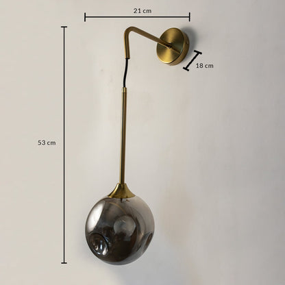 Smoked glass wall light with 53 cm height and 21 cm width displayed with measurements for premium home decor.