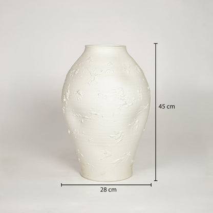 White ceramic decorative floor vase showing 28 cm width and 45 cm height ideal for living room floor decor display.