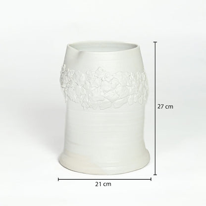 White ceramic textured floor vase measuring 27 cm height and 21 cm width perfect for elegant home decor placement.