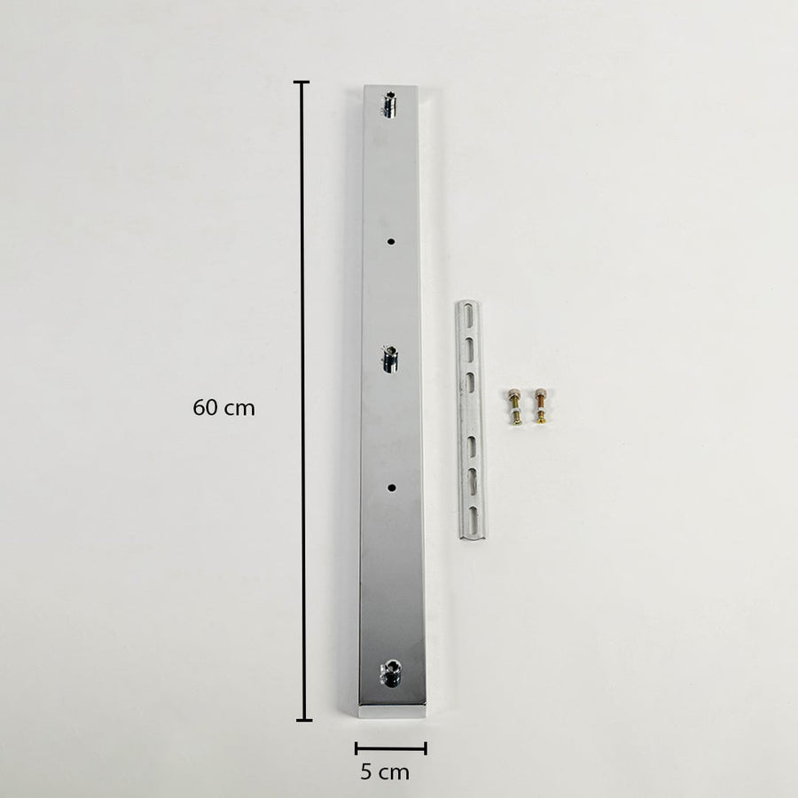 Metal ceiling mounting plate dimension image with 5 cm width and 60 cm length for pendant light installation.