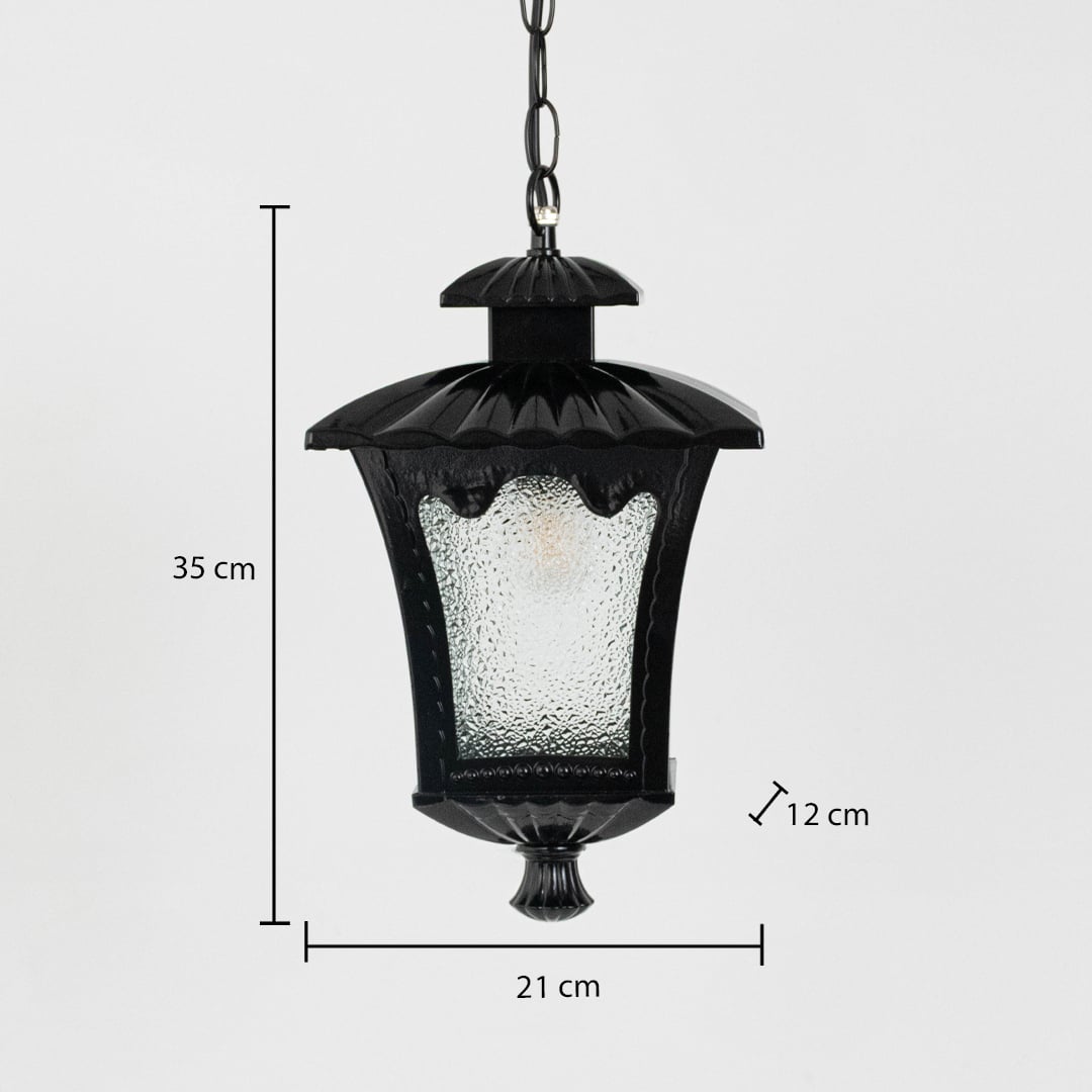 Black hanging lantern light dimension image showing 35 cm height and 21 cm width with intricate vintage design.