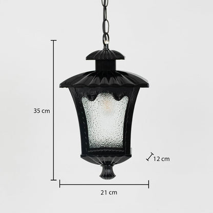 Black hanging lantern light dimension image showing 35 cm height and 21 cm width with intricate vintage design.