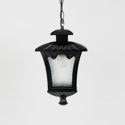 Black outdoor lantern light on white background highlighting elegant curved top and frosted glass texture.