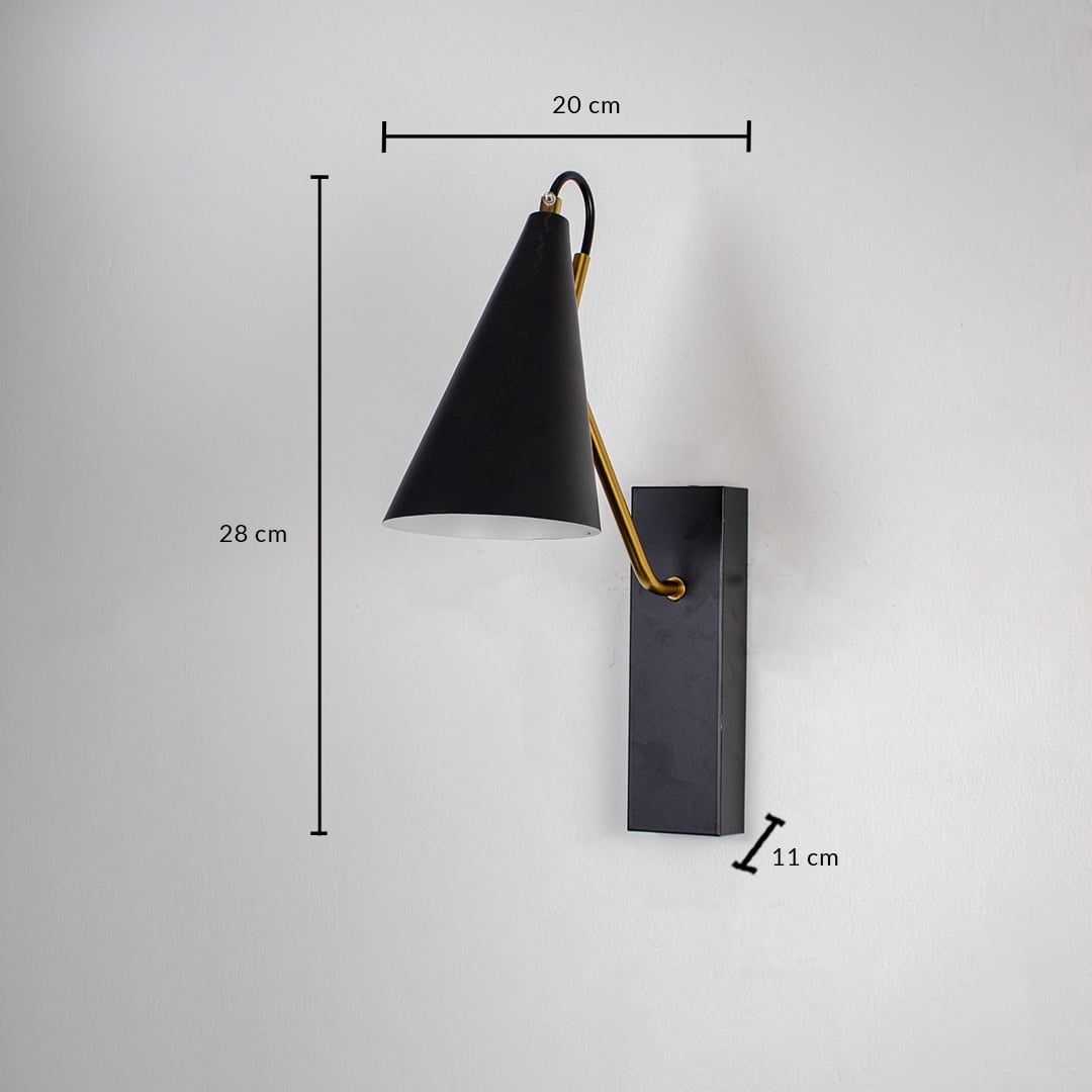 Black wall sconce with gold arm and conical shade shown against white background measuring 28cm height and 20cm width.