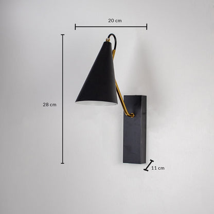 Black wall sconce with gold arm and conical shade shown against white background measuring 28cm height and 20cm width.