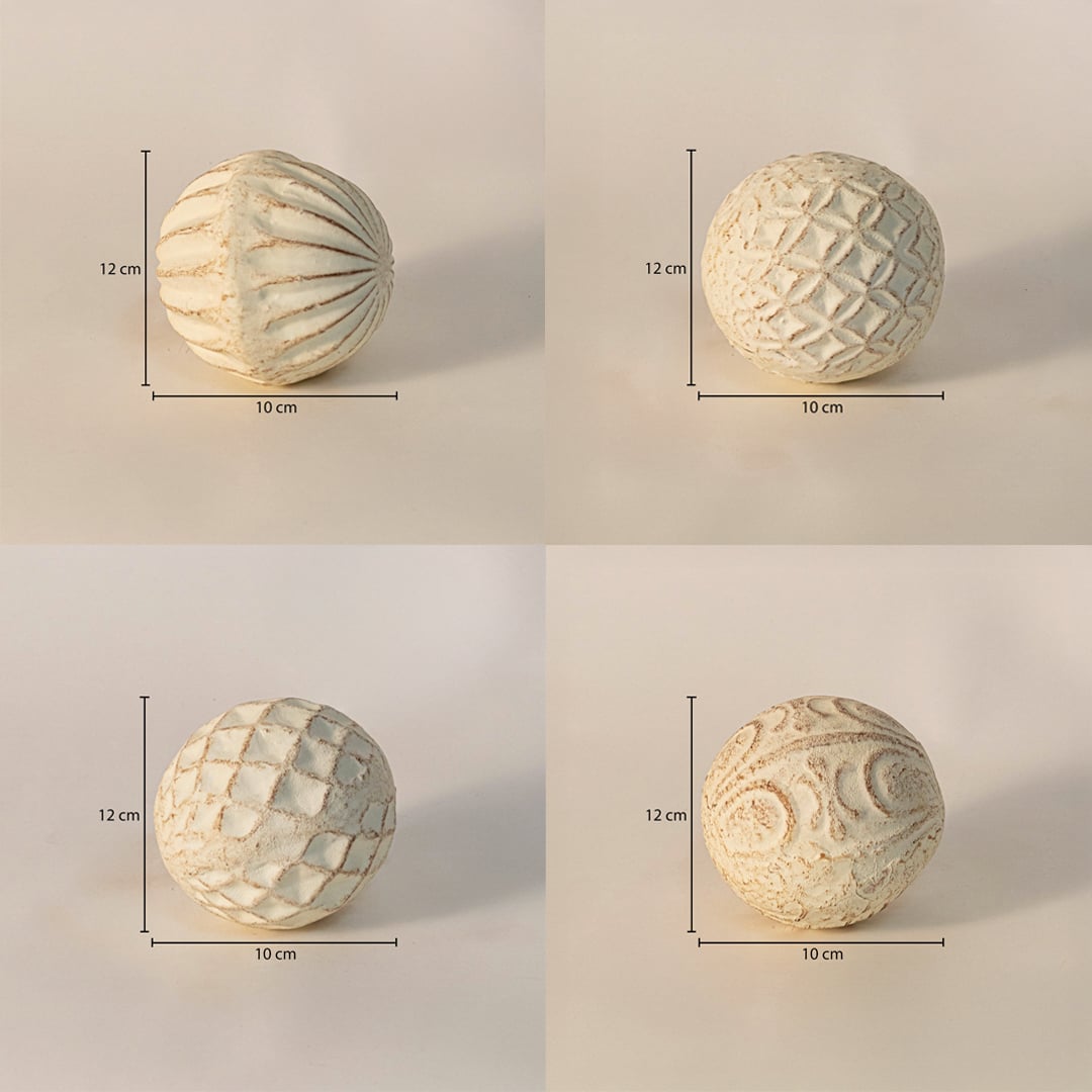 Textured ceramic balls set each ball measuring 12 cm in height and 10 cm in width - perfect for tabletop or bowl decor.