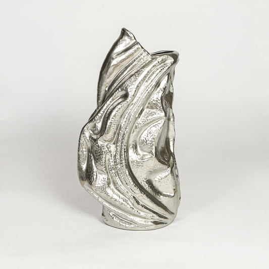 Modern silver abstract sculpture on white background tall decorative accent ideal for console table shelf or floor styling.