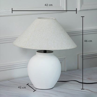 White ceramic table lamp with fabric shade measuring 46 cm height and 42 cm width for elegant table lighting.