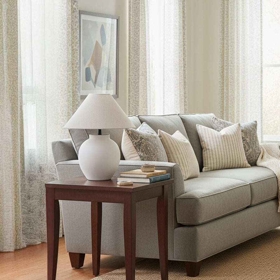 Lifestyle image of white ceramic table lamp with fabric shade placed on wooden side table beside sofa adding soft ambient living room lighting.