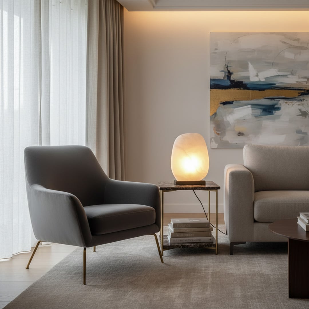 Table lamp with glass shade in warm tone placed beside armchair adding gentle ambient lighting and refined comfort to living room decor.
