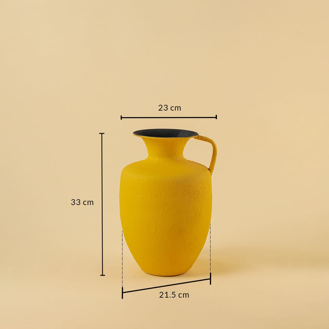 Yellow metal jug vase decor with width 23 cm depth 21.5 cm and height 33 cm shown clearly for accurate size reference.