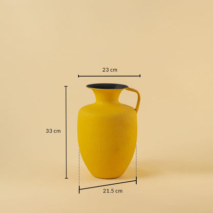Yellow metal jug vase decor with width 23 cm depth 21.5 cm and height 33 cm shown clearly for accurate size reference.