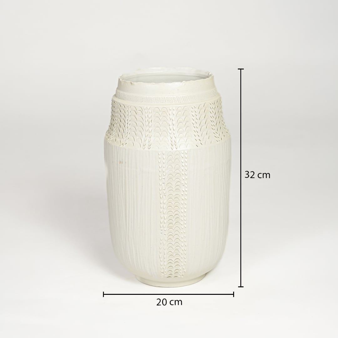 White ceramic textured vase measuring 32 cm height and 20 cm width ideal for elegant tabletop or floor decor placement.