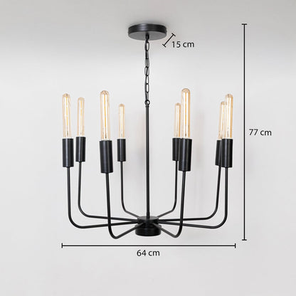 Modern black metal chandelier with Edison tube bulbs showing 77cm height 64cm width 15cm canopy on white background display.