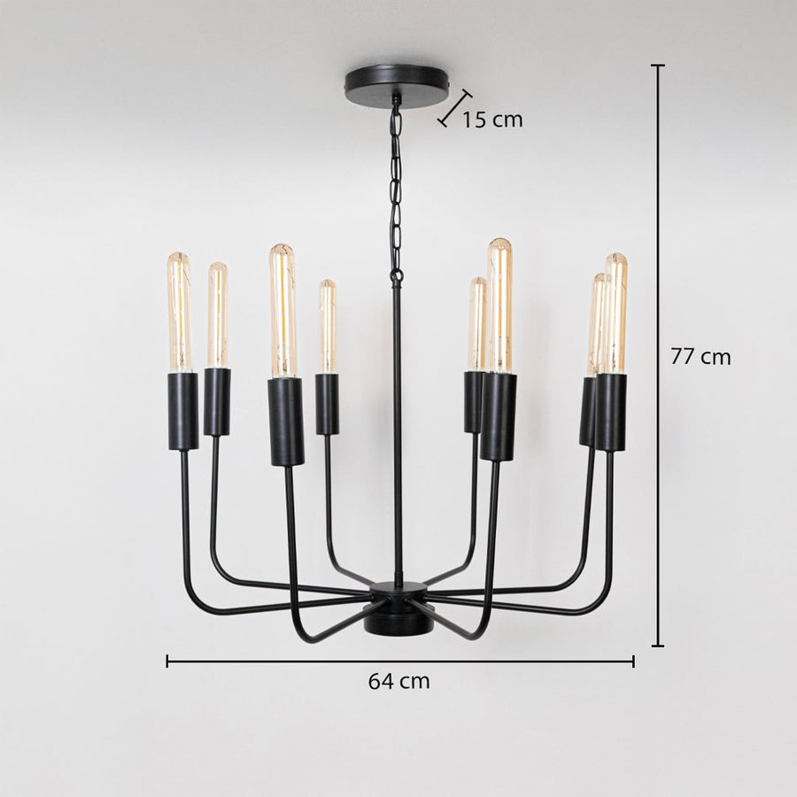Modern black metal chandelier with Edison tube bulbs showing 77cm height 64cm width 15cm canopy on white background display.