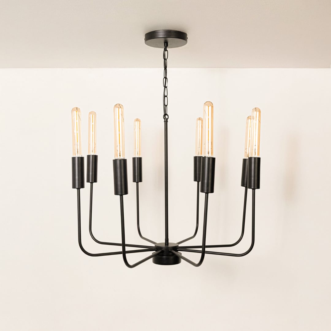 Contemporary black metal eight arm chandelier with chain and Edison tube bulb sockets turned off displayed on white background.