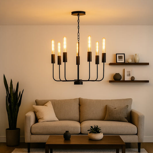 Modern black metal chandelier with eight exposed Edison tube bulbs hanging in interior space creating industrial vintage lighting.