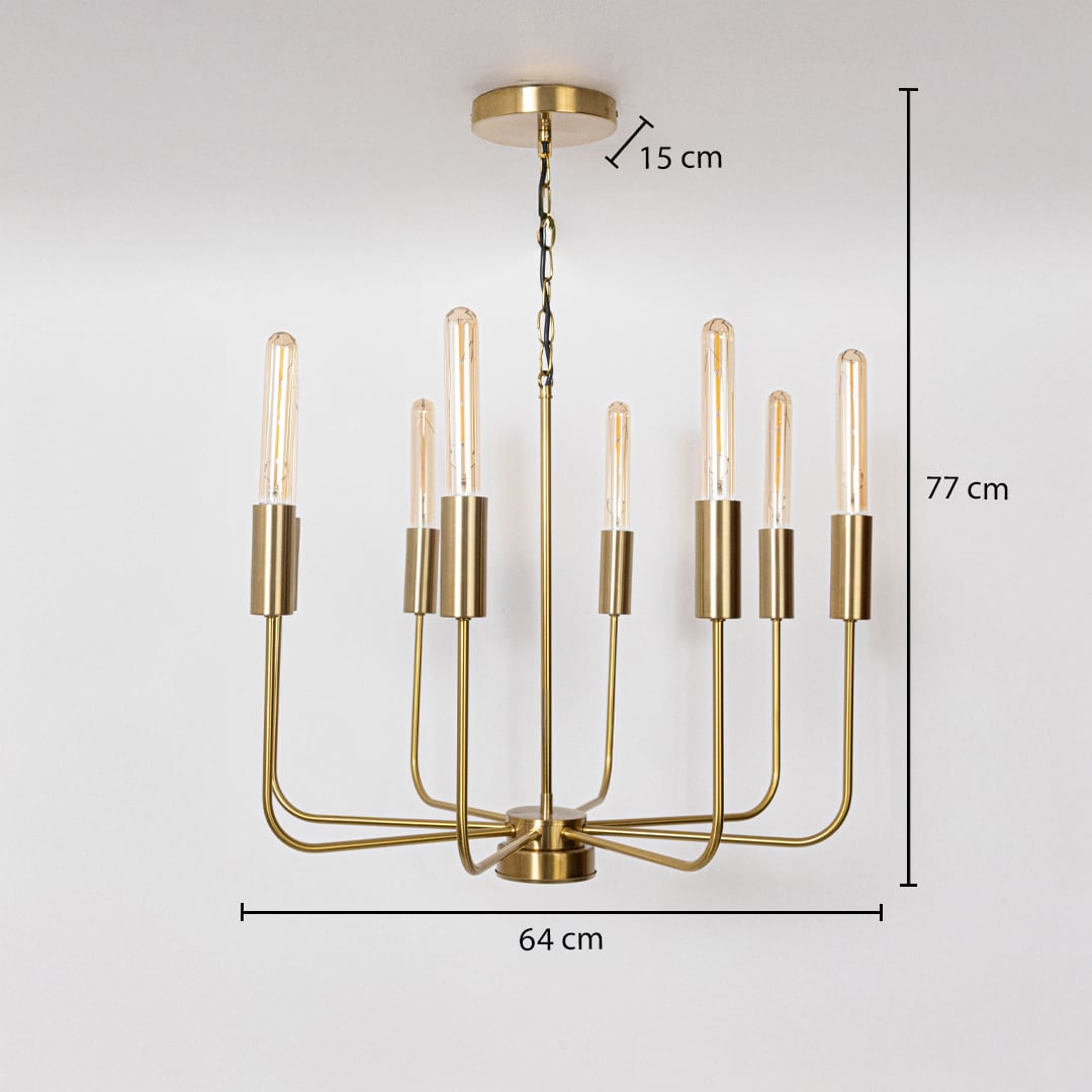 Elegant brass gold chandelier with Edison tube bulbs showing 77cm height 64cm width 15cm canopy on white background display.