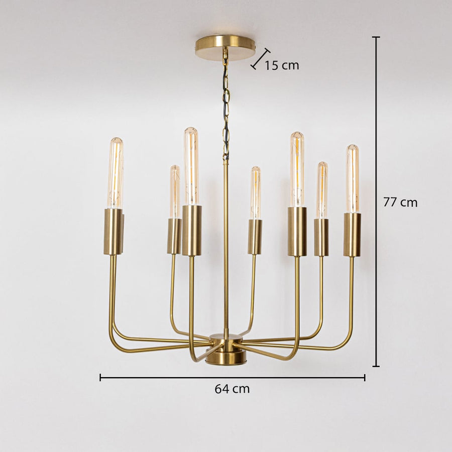 Elegant brass gold chandelier with Edison tube bulbs showing 77cm height 64cm width 15cm canopy on white background display.