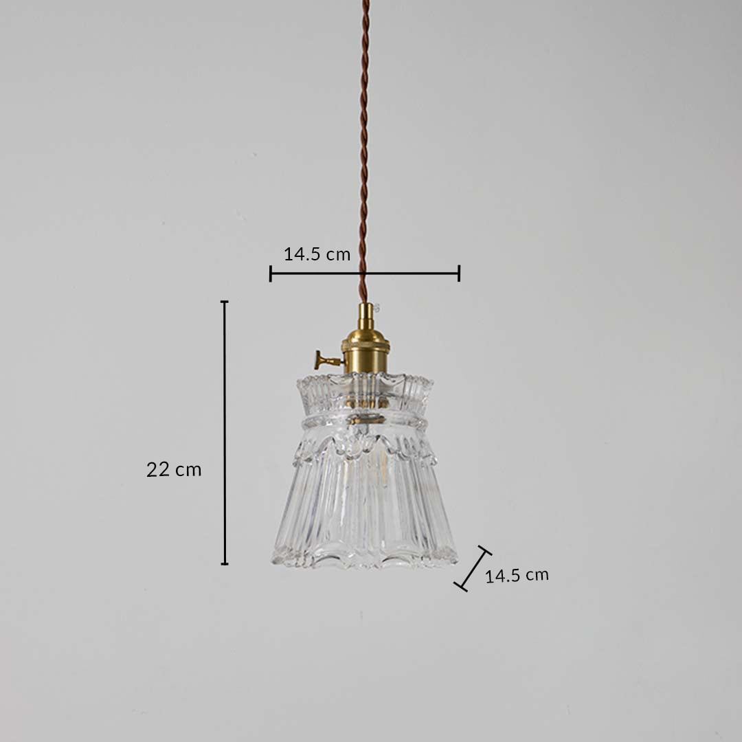 Clear ribbed glass and brass pendant light dimension image with 14.5 cm width and 22 cm height for elegant dining placement.
