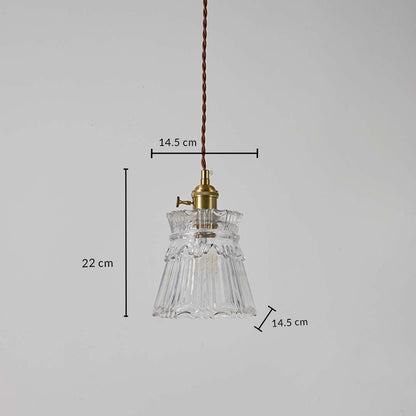 Clear ribbed glass and brass pendant light dimension image with 14.5 cm width and 22 cm height for elegant dining placement.