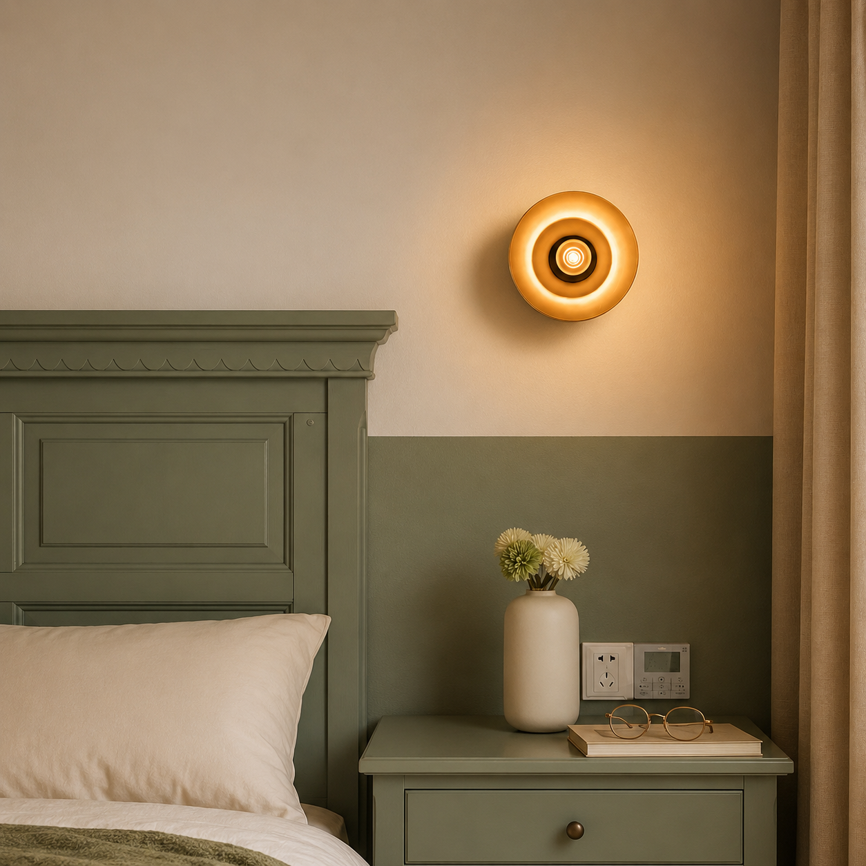 A modern circular wall sconce with a warm glowing light, mounted on a two-tone bedroom wall above a matching green nightstand and bed headboard.