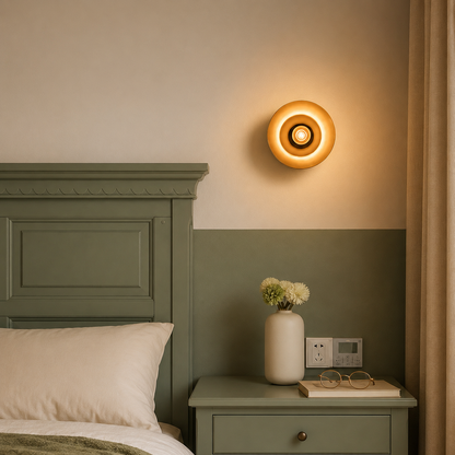 A modern circular wall sconce with a warm glowing light, mounted on a two-tone bedroom wall above a matching green nightstand and bed headboard.